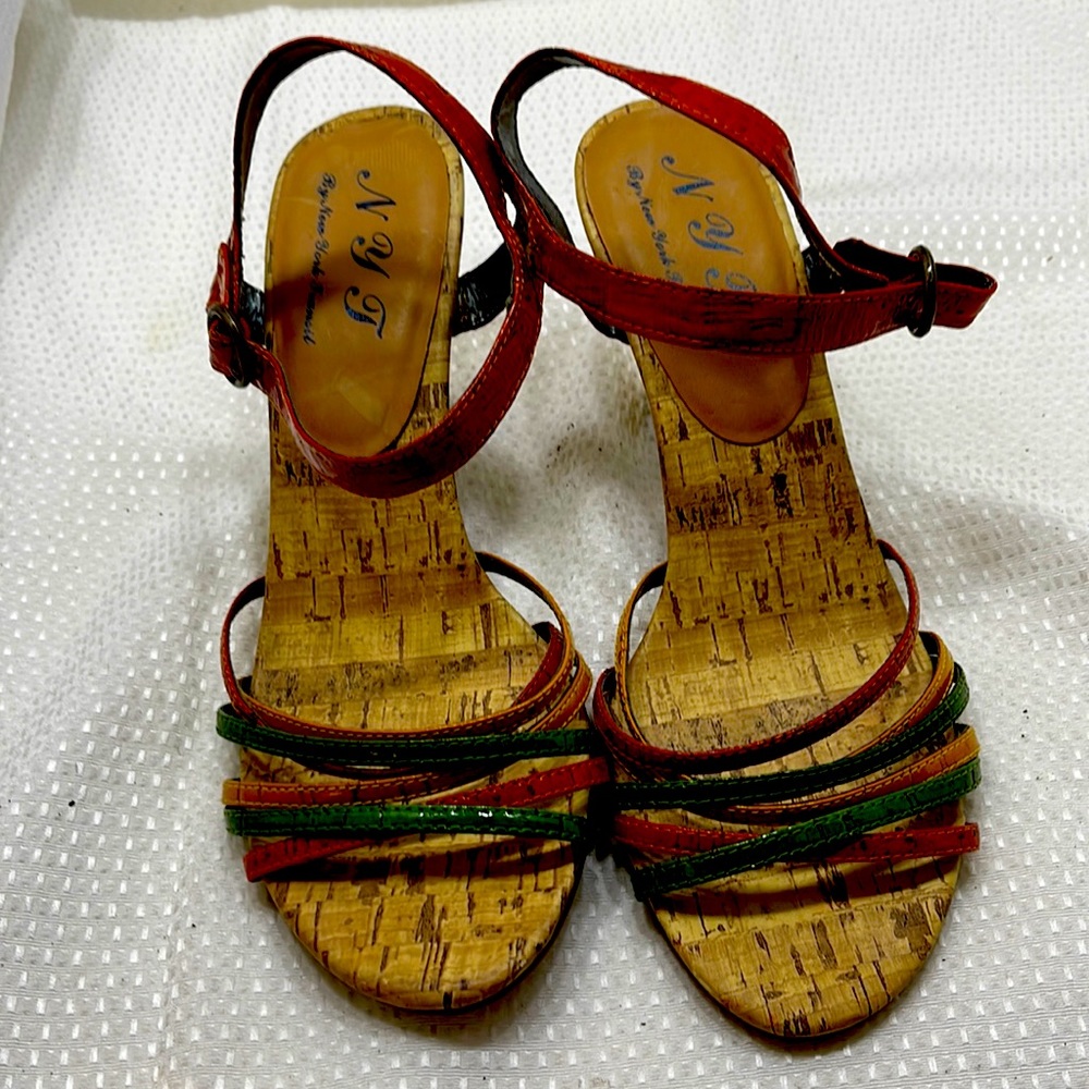 New York Transit Multi Color Sandals Orange,Mustard & Gr Faux Cork Heels 9 M(t2)